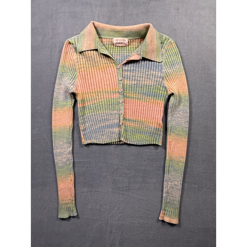 Urban Outfitters Ribbed Striped Cropped Cardigan Polo Collar Long Sleeve Medium‎